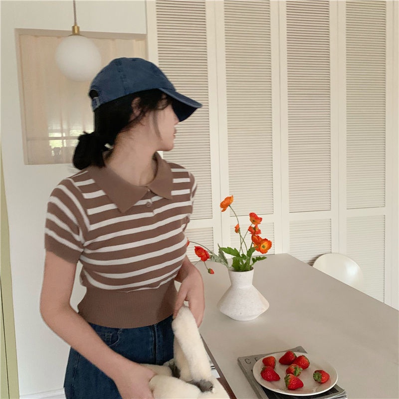 Áo Thun Dệt Kim Ngắn Tay Họa Tiết Kẻ Sọc Thời Trang Phương Tây Mới 2022 Cho Nữ