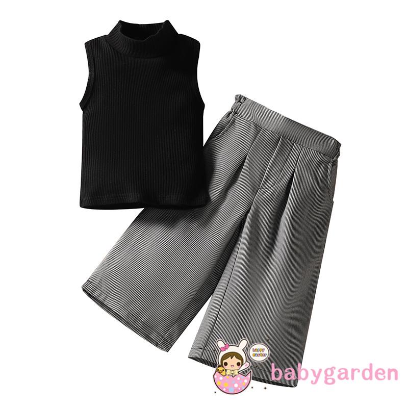 Set áo cổ cao không tay + quần dài lưng cao ống rộng họa tiết kẻ sọc xinh xắn đáng yêu cho bé gái