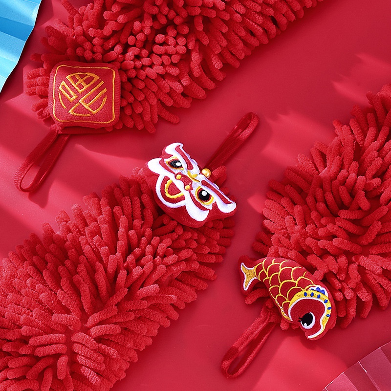 Dualswish Khăn Lau Tay Treo Tường Nhà Bếp Thấm Hút Tốt Thêu Hình Sư Tử Đỏ May Mắn Phong Cách Trung Hoa