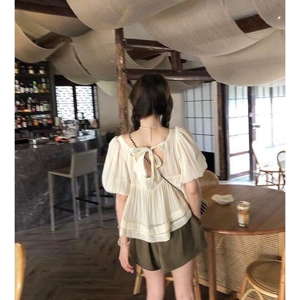 Set Bộ Áo Voan Thắt Nơ Và Quần Sooc Nâu Hàn Quốc, Freesize Dưới 65Kg, Dáng Basic Cực Xinh