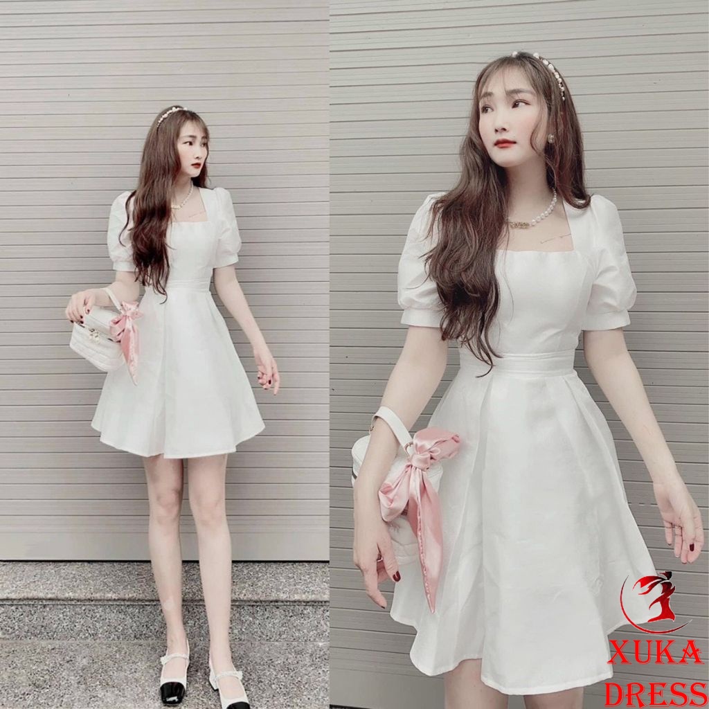 Đầm váy nữ dự tiệc trắng tiểu thư dáng xòe cổ vuông tay phồng thắt nơ sau xinh đẹp XUKA DRESS DT025