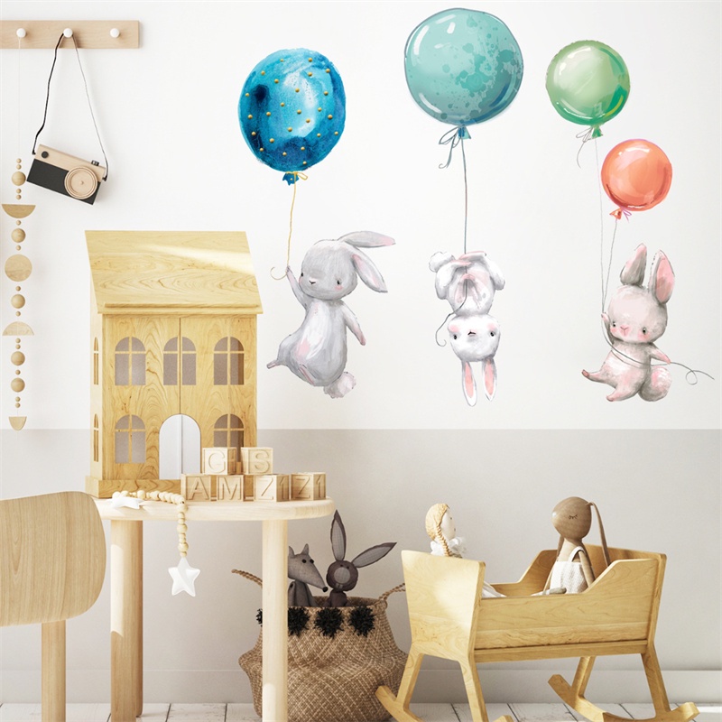 Tranh dán tường họa tiết hoạt hình thỏ và bong bóng dễ thương trang trí phòng ngủ/ phòng khách