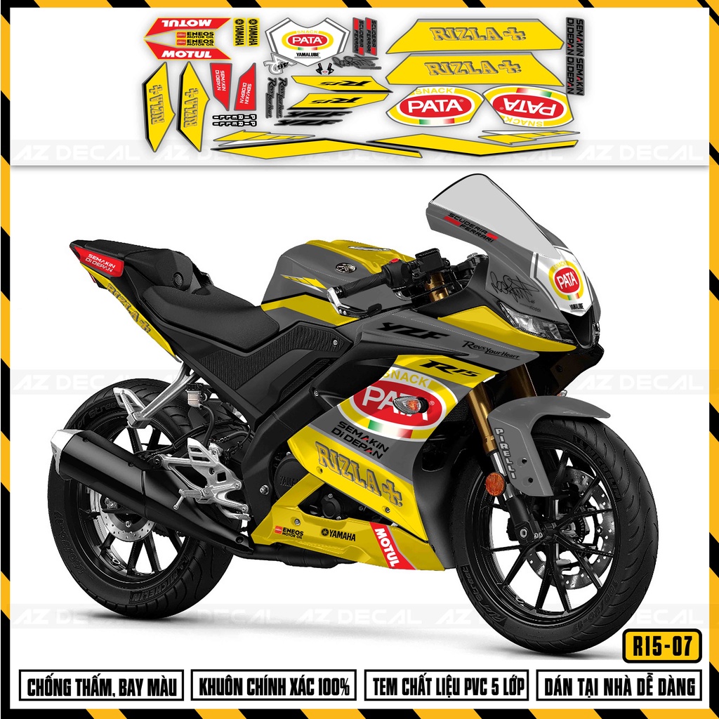 Tem Rời Xe Yamaha R15V3 Mẫu Pata Snack | R15V307 | Decal Dán Xe R15 Màu Đỏ, Đen, Vàng, Xanh, Xám