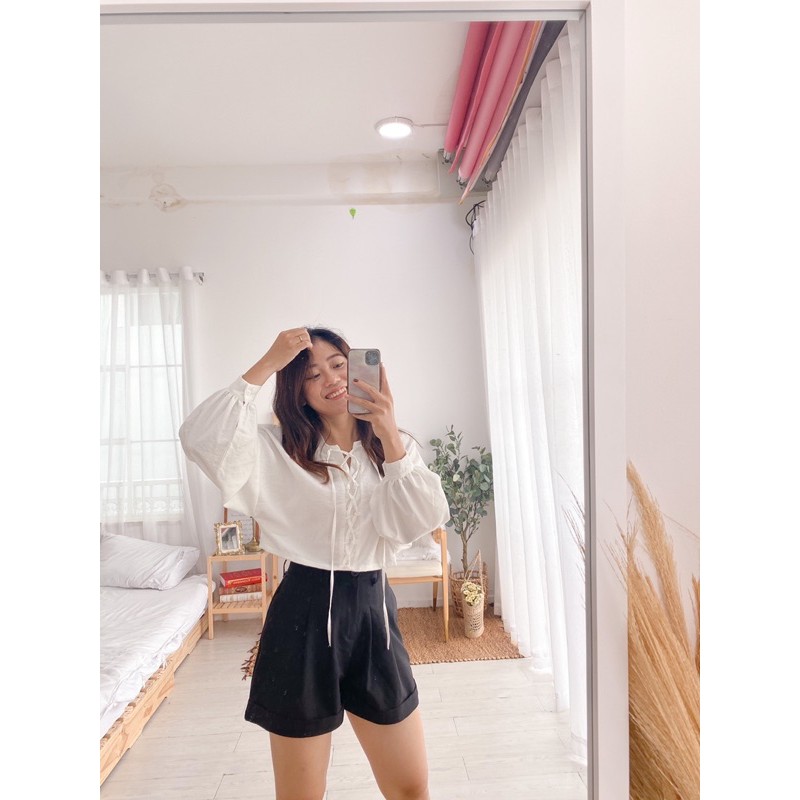 Áo croptop tay phồng form rộng, đan dây braided shirt LUCETFASHION, áo kiểu nữ tay dài