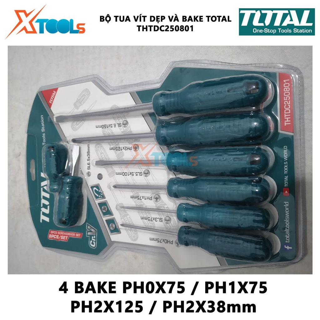 Bộ tuốc nơ vít dẹp và bake 8 chi tiết TOTAL THTDC250801 | dùng để siết chặt hoặc gỡ bỏ ốc vít [CHÍNH HÃNG] [XTOOLs]