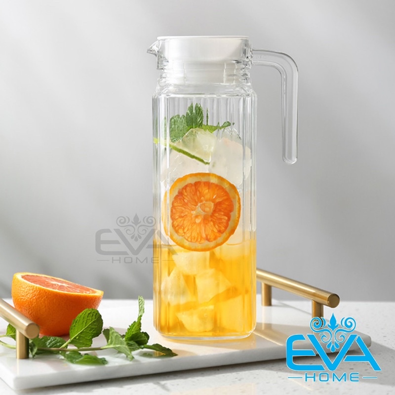 Bình Thuỷ Tinh Đựng Nước 1.1L Quai Cầm Miệng Rót Kẻ Sọc EH1004 Glass Pitcher Striped Jug 1100 ML
