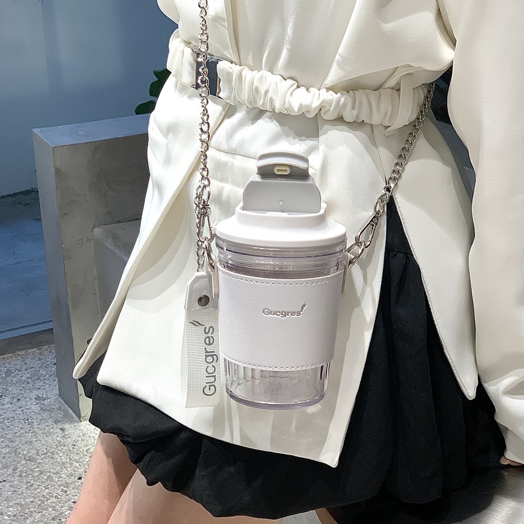 Cốc Ly Giữ Nhiệt Gucgress Có Nắp Và Bao Da Quai Đeo Chéo Đi Kèm Thời Trang Độc Đáo 450ML