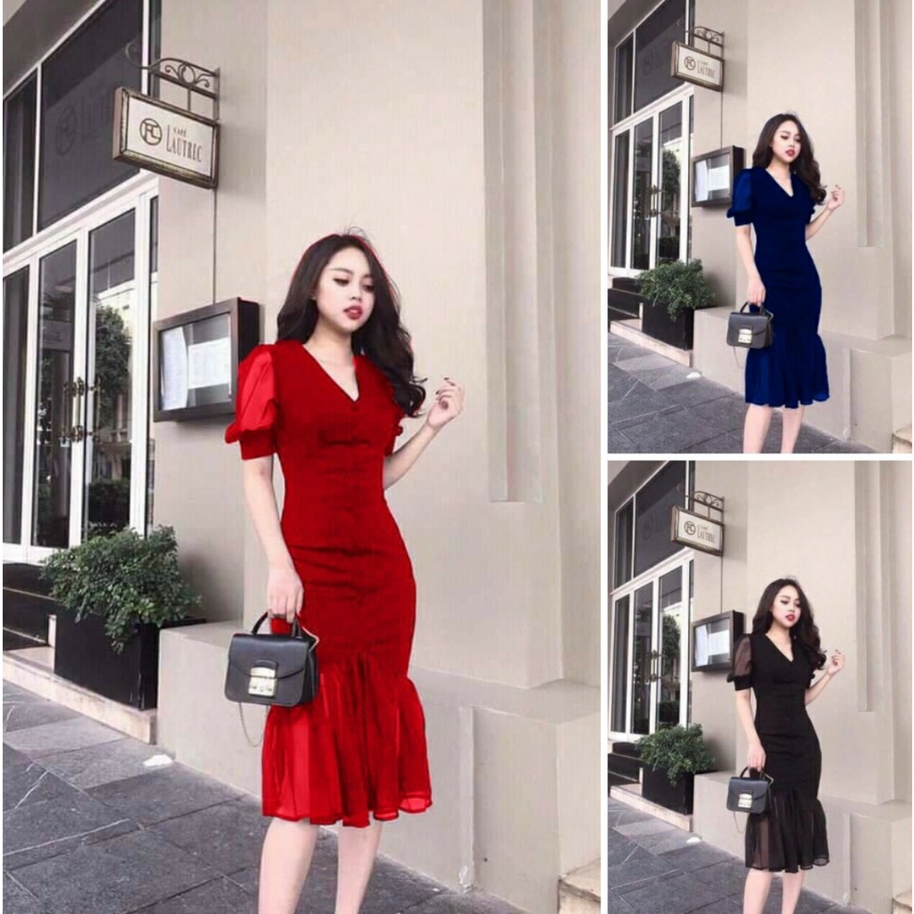 Đầm Body cổ v tay phồng cao cấp - YB220514
