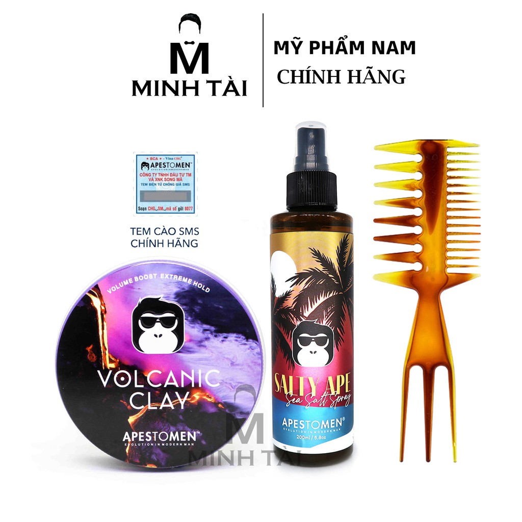 Sáp Vuốt Tóc Nam APESTOMEN Volcanic Clay , Xịt Dưỡng Tóc APESTOMEN Volcanic Salty Ape Sea Salt Spray + Lược Tạo Kiểu Tex