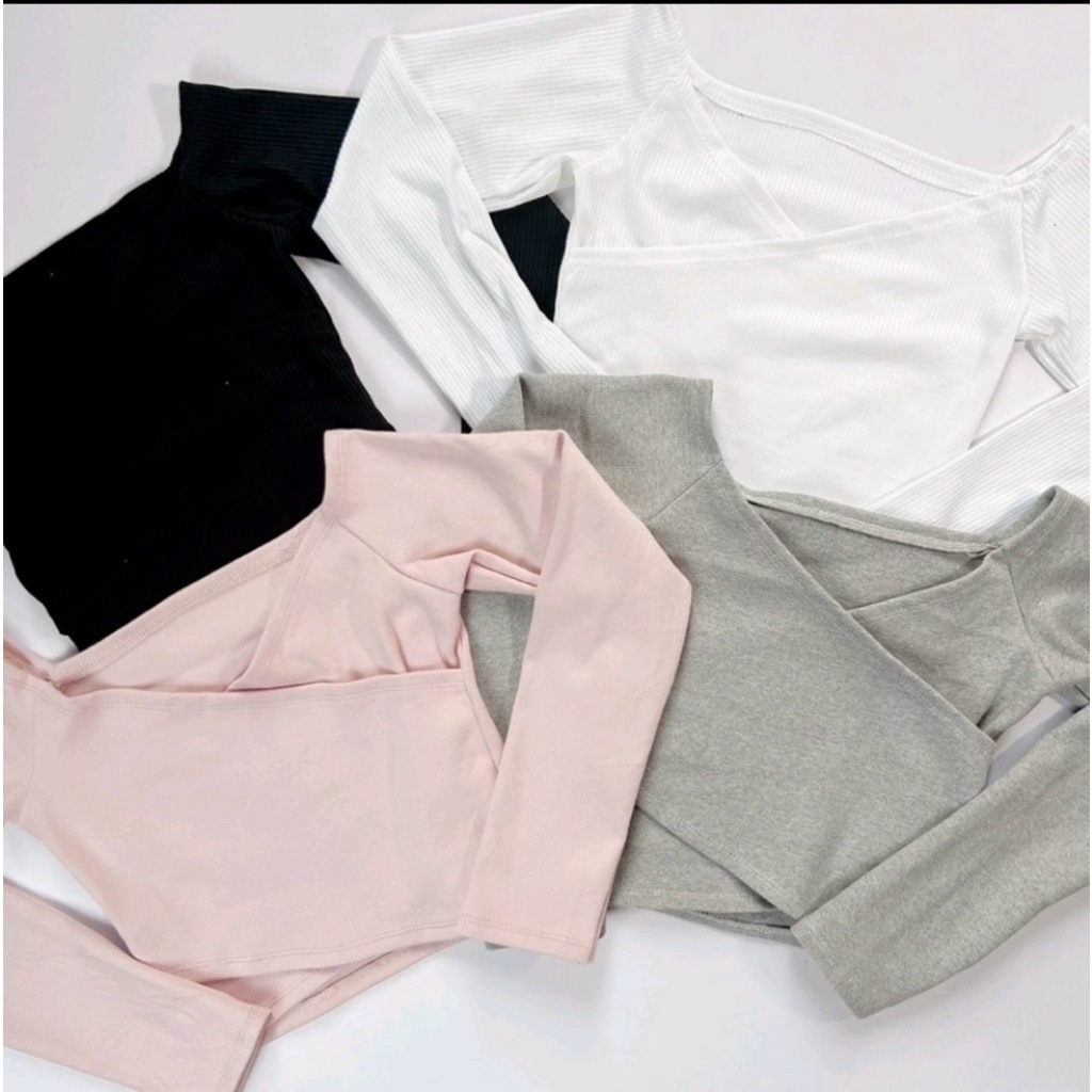 Áo kiểu croptop tay dài đắp chéo ngực trơn cực xinh , chất thun gân mềm mịn dày dặn aloha