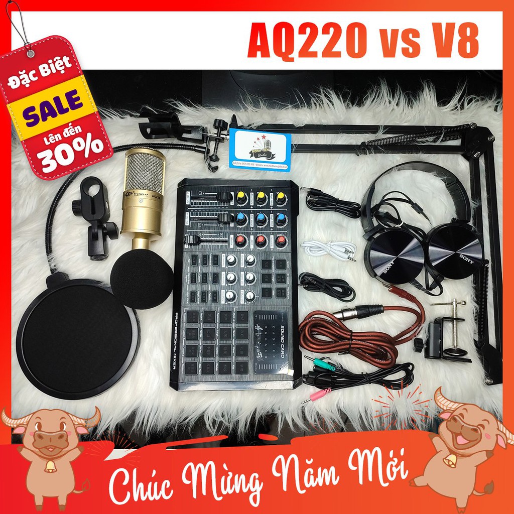 [tặng full phụ kiện] Combo  micro AQ220 + Soundcard S8  + full phụ kiện livestream karaoke thu âm xịn chuẩn xịn, bh 12th