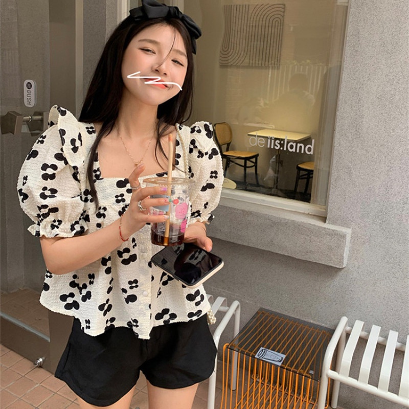 Áo Kiểu Tay Ngắn Cổ Vuông In Họa Tiết Hoa Thời Trang Mùa Hè Dễ Phối Đồ
