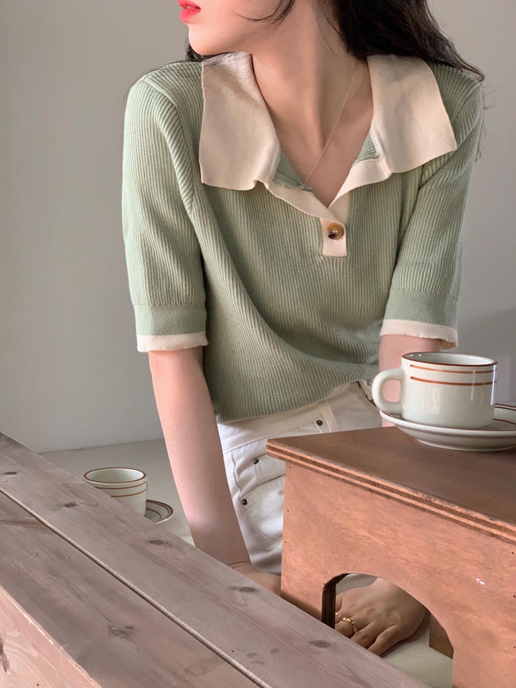 Áo Thun Dệt Kim Tay Ngắn Cổ Bẻ Màu Sắc Tương Phản Phong Cách Retro 49855