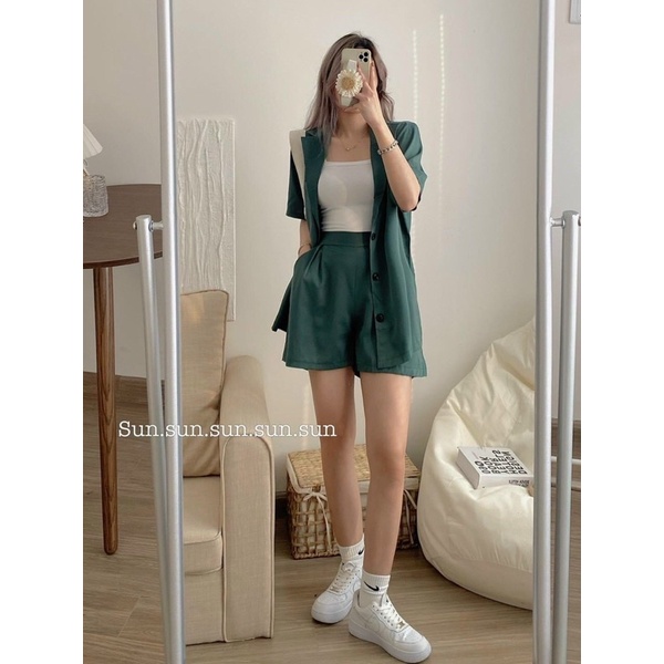 [Ảnh thật/video] Set blazer cộc tay vải trơn thiết kế thanh lịch, trẻ trung gồm áo blazer và quần đùi 3 màu