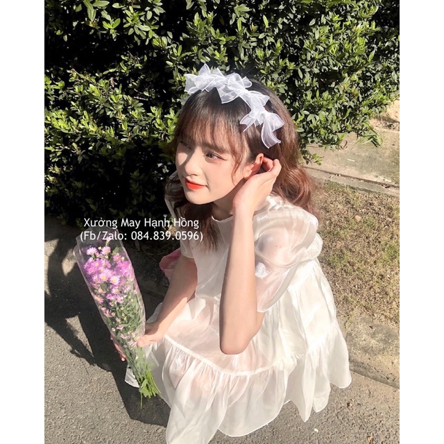 Váy babydoll Ulzzang voan 2 lớp, váy trắng cổ tròn dáng xòe