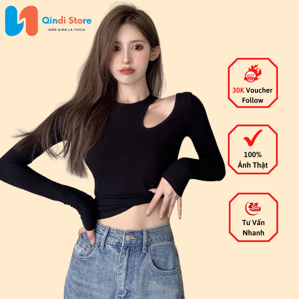 [Có Video +Ảnh Thật] Áo Crotop Dài Tay Khoét 1 Bên Vai Qindi Store MS 674