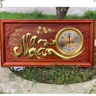 Tranh đồng hồ treo tường chữ nhẫn gỗ hương đỏ rát vàng giá rẻ 81x41 dày 3cm