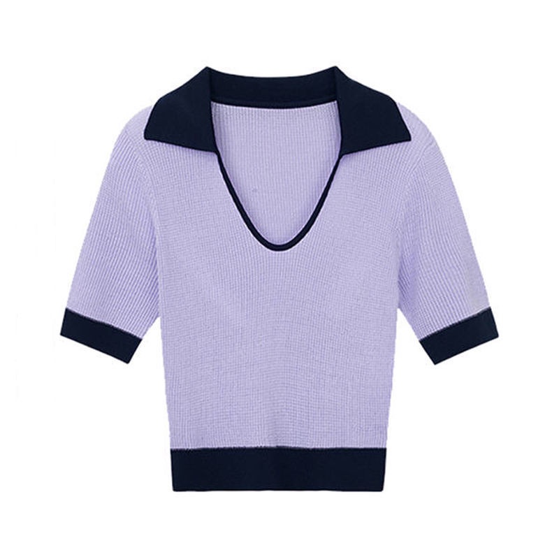 Áo Thun Ngắn Tay Cổ Chữ V Màu Sắc Tương Phản Phong Cách retro Thời Trang Cho Nữ