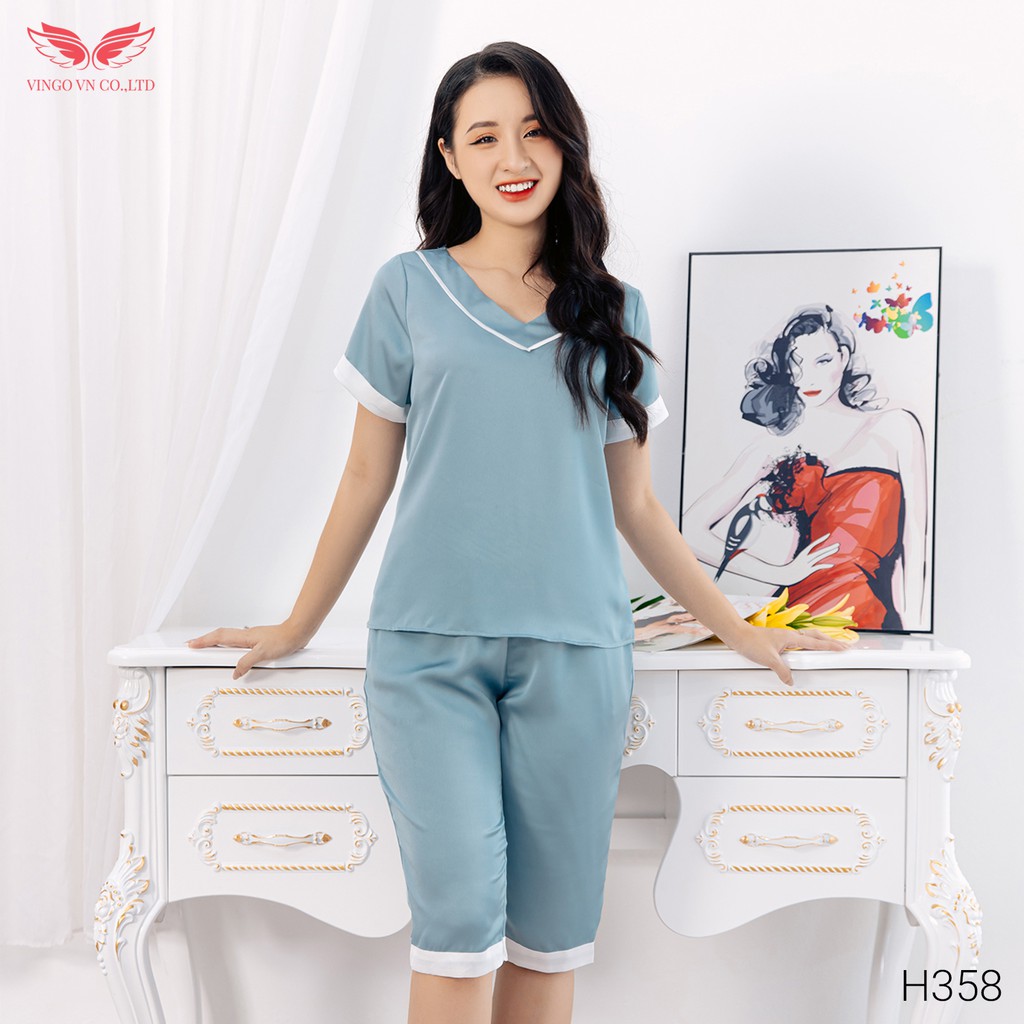 Đồ bộ nữ Pijama mặc nhà mùa Hè VINGO lụa Hàn trơn tay cộc quần lửng cổ V phối viền trắng thanh lịch H358 VNGO
