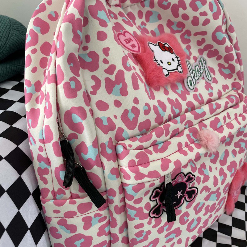 Balo đi học in hình báo hồng họa tiết hồng Leopard Print hoạt hình Y2K Millennium