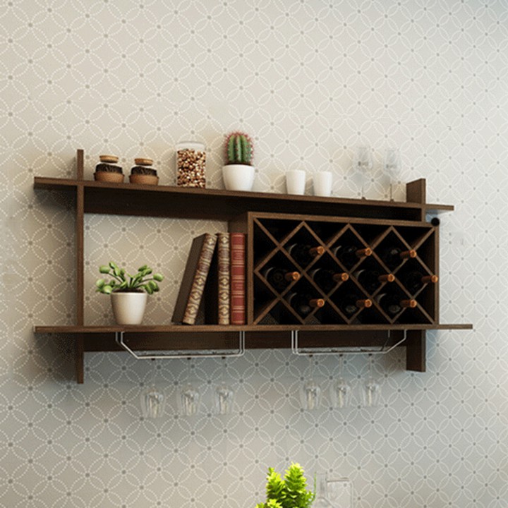 Kệ rượu vang gỗ treo tường có giá treo ly trang trí phòng khách - Kệ tủ để đồ gắn tường decor quầy bar nhà bếp đẹp