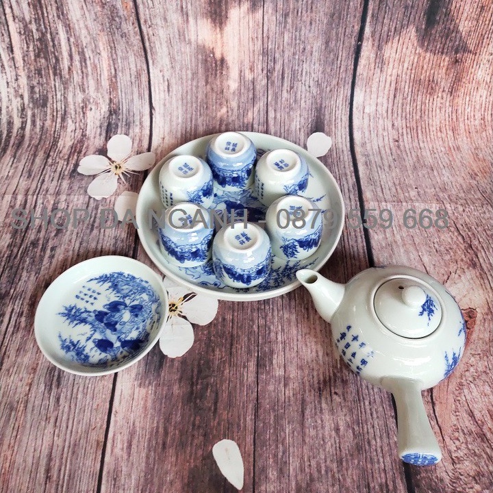 Bộ ấm chén uống trà có tay cầm, khay tròn, men lam Bát Tràng