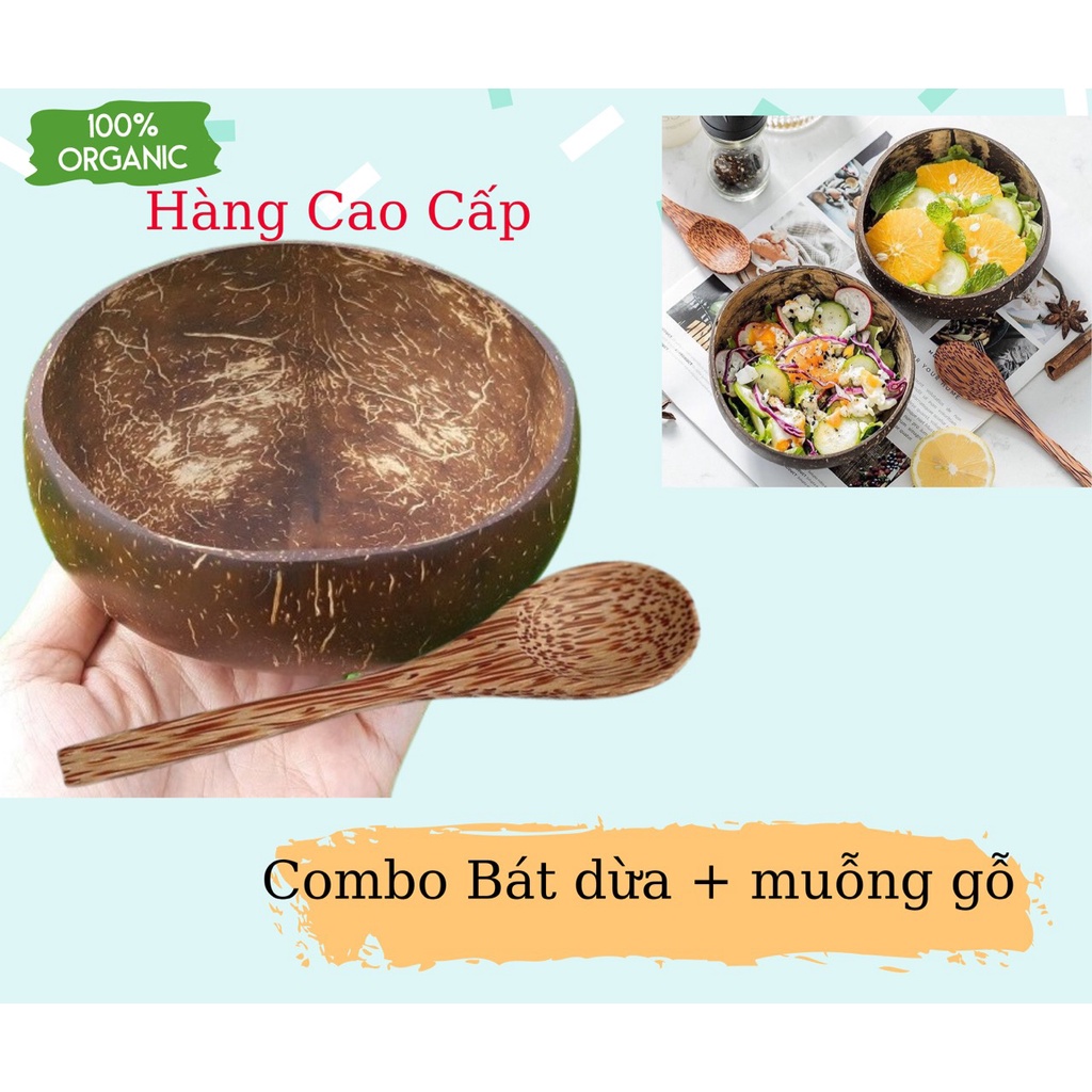 COMBO Bát/Chén Gáo Dừa + Muỗng Gỗ Dừa Siêu Cưng Dùng Trộn Mỹ Phẩm Thiên Nhiên/Đựng Thực Phẩm