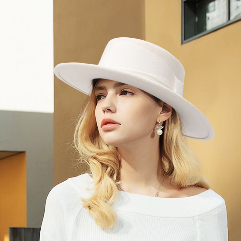 Mũ dạ vành tròn nơ lụa siêu sang chảnh
