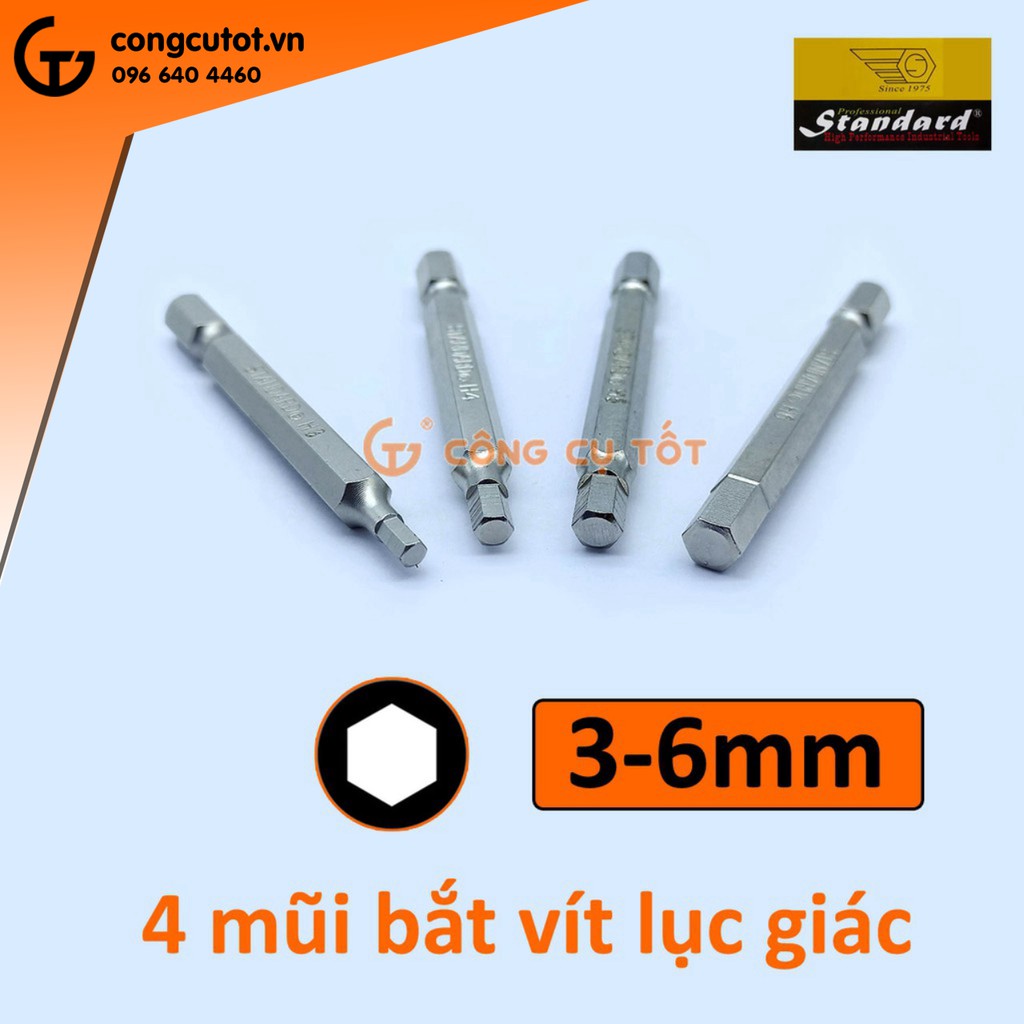 Bộ 4 đầu bắt vít lục giác 3-6mm dài 65mm Standard Đài Loan