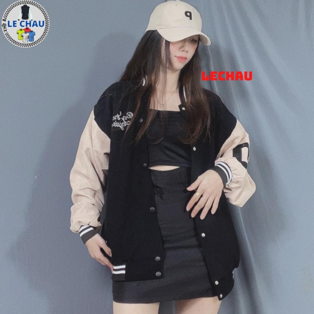 Áo khoác bomber nhung tăm unisex form rộng chữ D AKNT009 LECHAU varsity jacket 2 lớp thêu chữ streetstyle rẻ đẹp chất