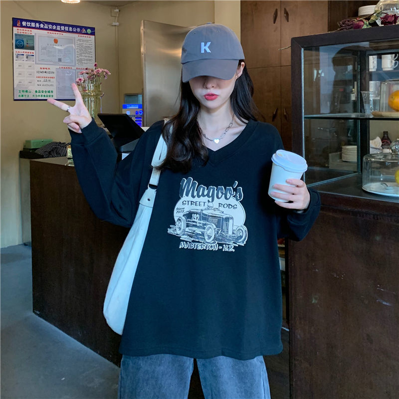 Áo thun dài tay cổ V in họa tiết xinh xắn hợp thời trang cho nữ