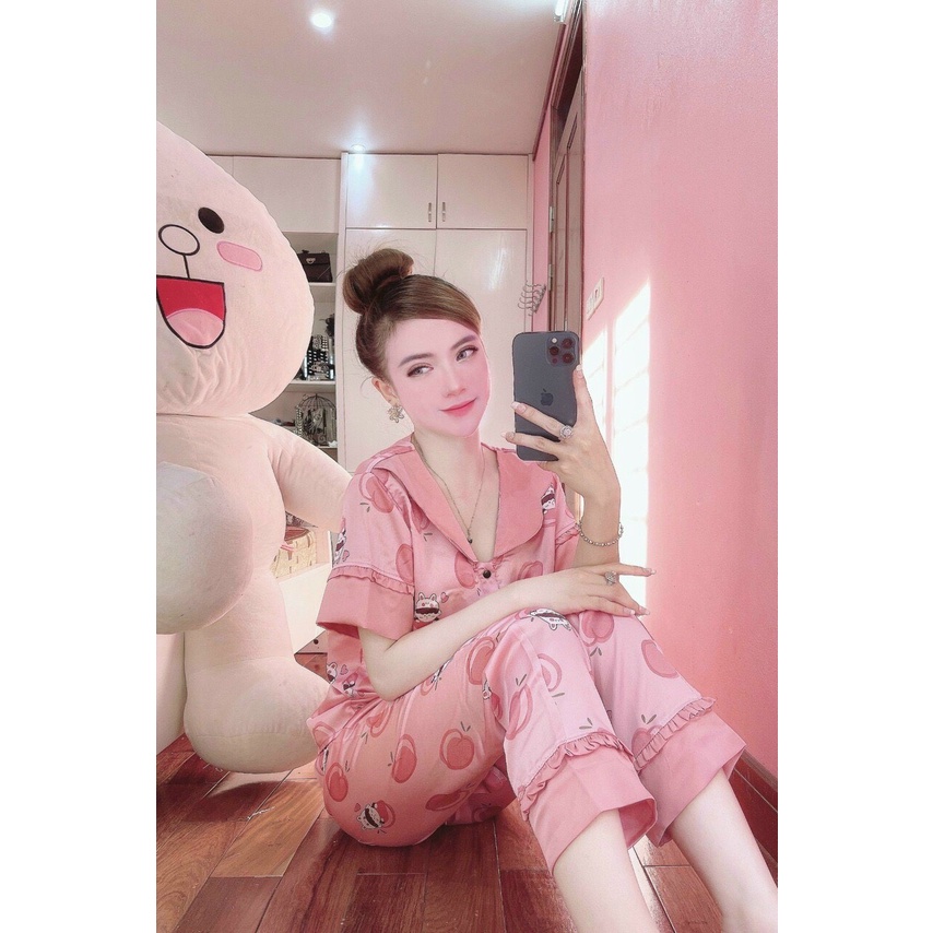 Bộ Pijama lụa mặc nhà nữ cổ sen họa tiết cộc tay quần dài