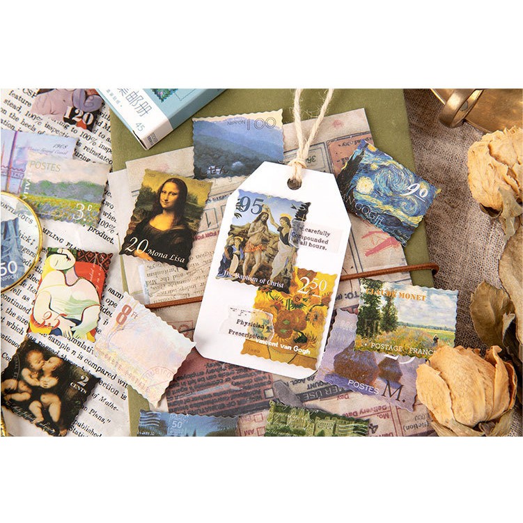 Hộp 45 miếng sticker mẫu tem hình các bức tranh