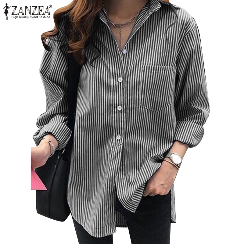 Áo sơ mi ZANZEA tay dài cổ bẻ in họa tiết sọc thời trang cho nữ