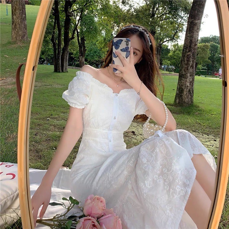Đầm trễ vai trắng công chúa hoa nhí nổi vintage trong sáng thuần khiết đẹp y hình 💓