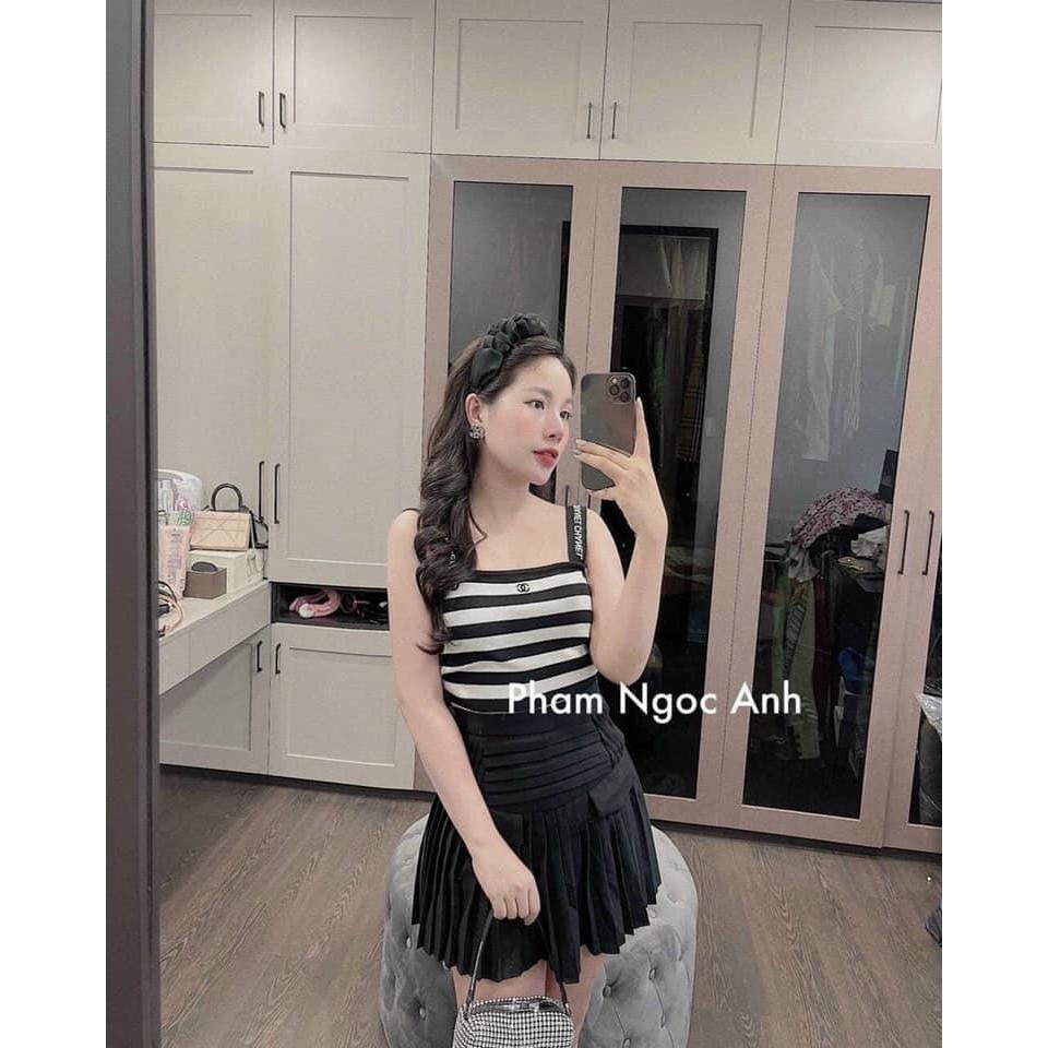 Áo hai dây kẻ đen - trắng sexy - Vải sợi Cotton thoáng mát - Freesize (<55kg)