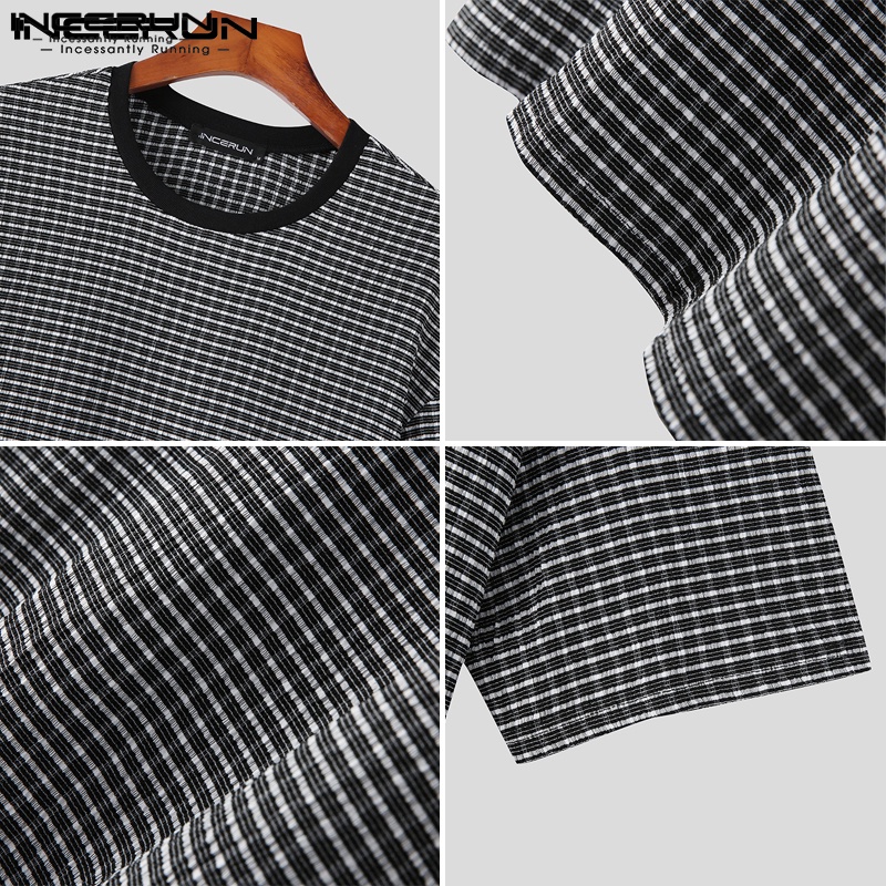Áo thun INCERUN tay ngắn cổ tròn kẻ sọc caro dáng rộng đơn giản