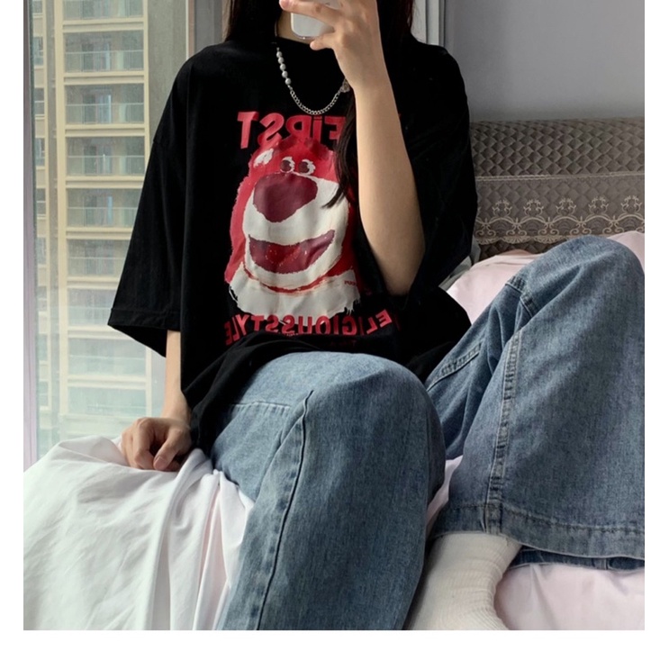 [Rẻ vô địch] Áo thun cotton tay lỡ dáng rộng uniex mặt gấu vre freesize 38-65kg