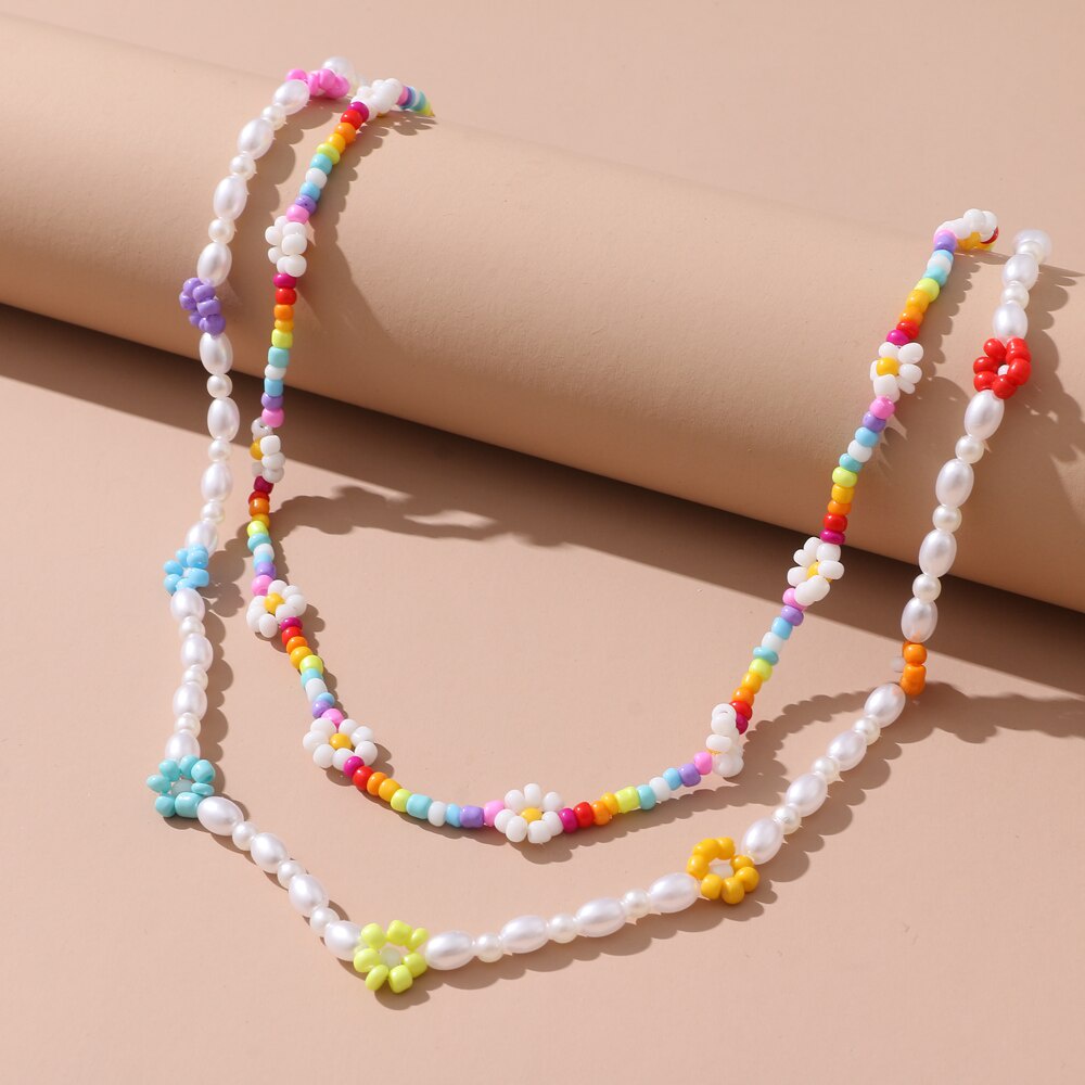 Vòng cổ choker hai lớp đính hạt ngọc trai và hoa nhiều màu sắc phong cách Bohemian Y2K cho nữ