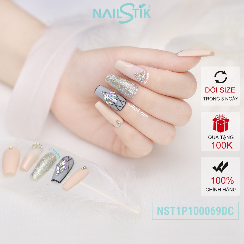 Móng úp thiết kế by NAILSTIK, màu nude, form móng coffin, dài 069