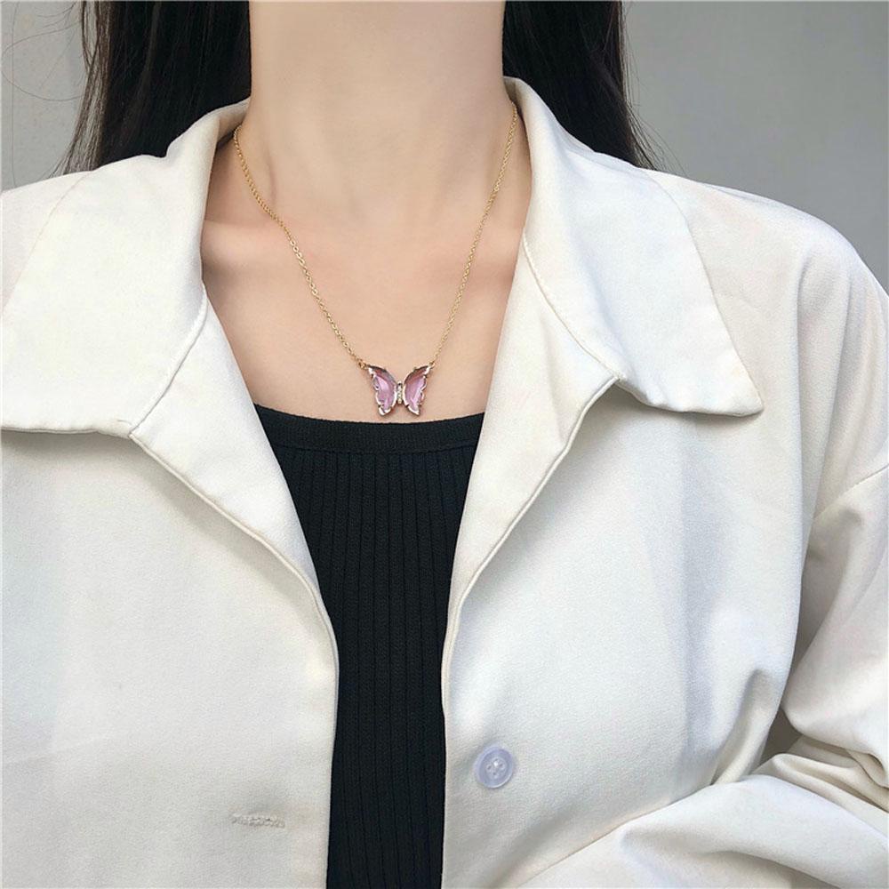 Vòng cổ Mặt Hình Bướm Bằng Thủy Tinh Trong Suốt Nhiều Màu Thanh Lịch Cho Nữ