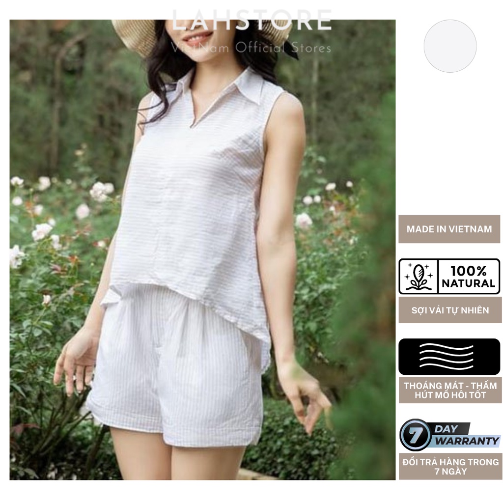LAHSTORE Linen Set - Áo Ghile Cổ Bẻ Dáng Lửng Xẻ Sau & Quần Short Lưng Thun, Chất Linen Kẻ Sọc Cao Cấp
