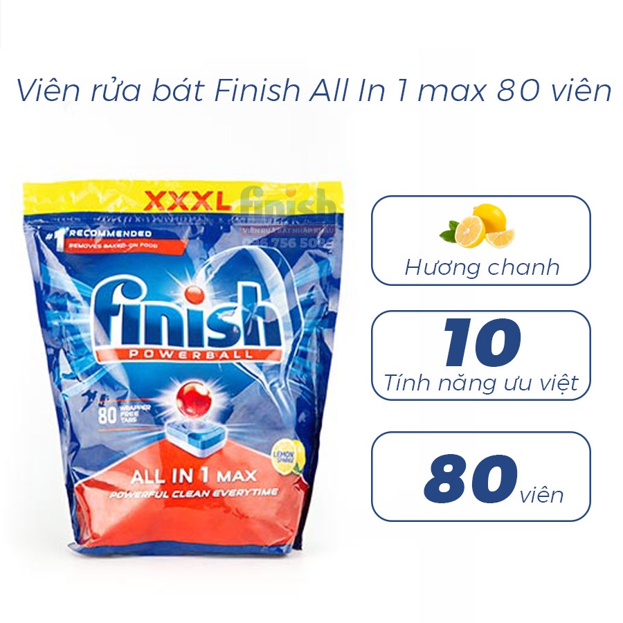 Viên rửa bát Finish All In 1 max 80 viên hương táo chanh, làm sạch mạnh mẽ các vết dầu mỡ, bảo vệ máy khỏi cặn vôi