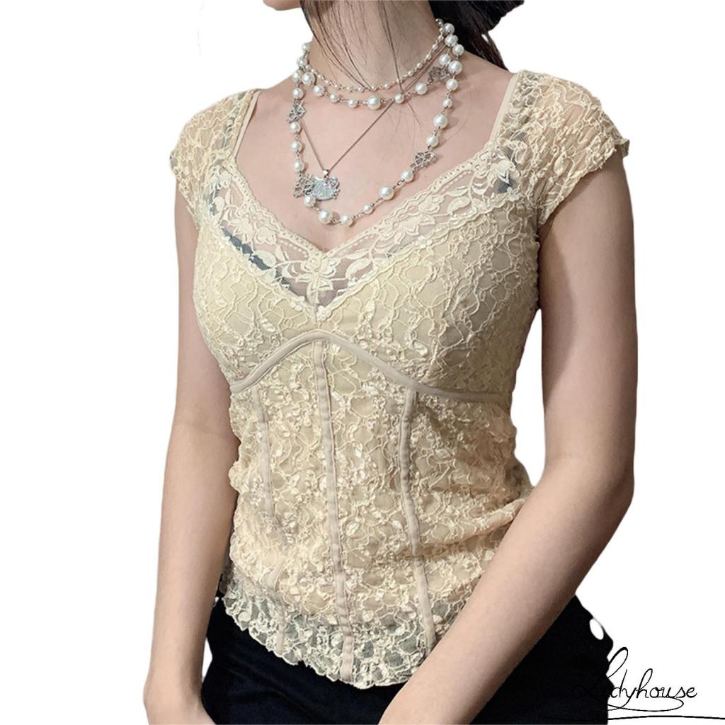 Áo thun tay ngắn cổ chữ V phối ren thời trang xuân hè cho nữ