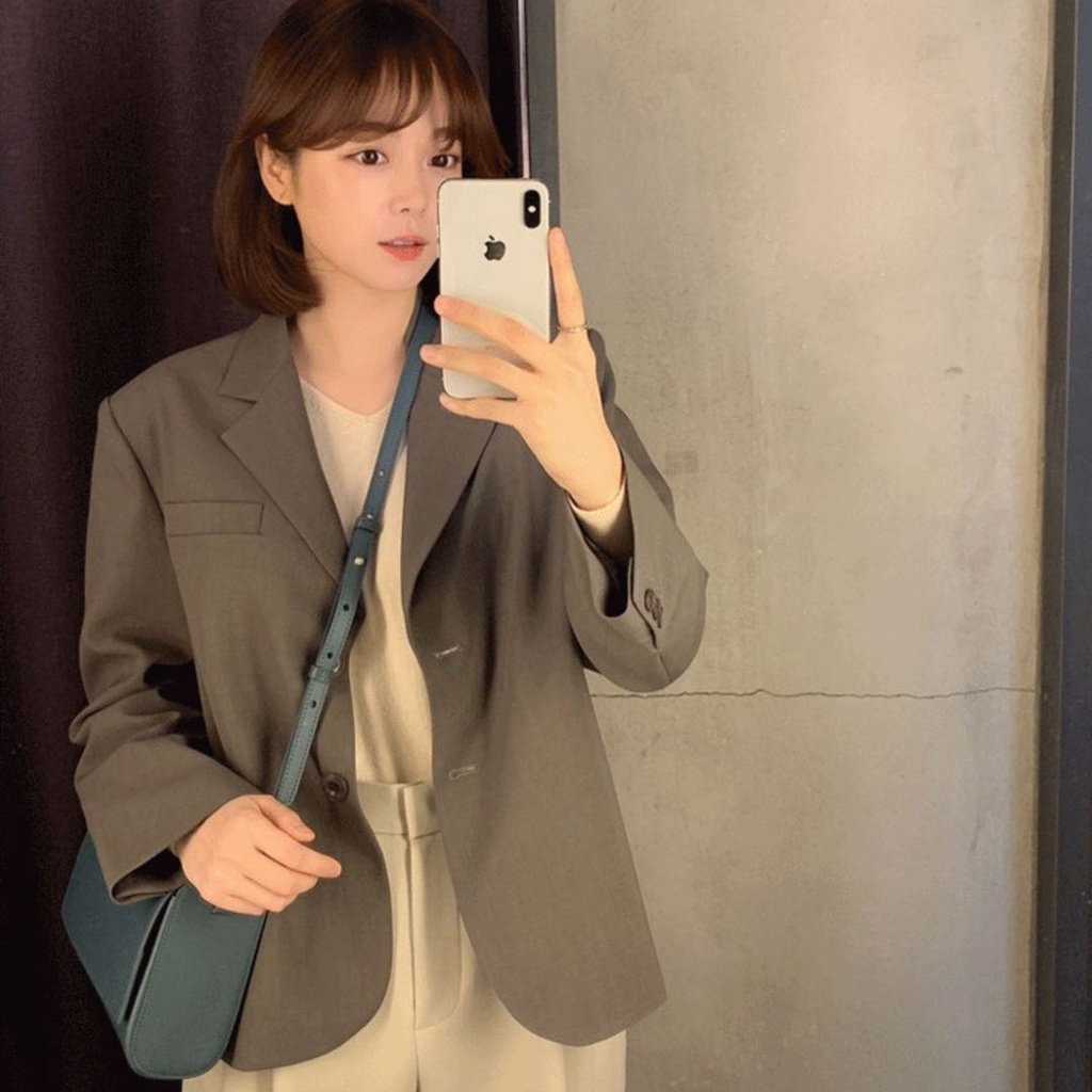 SUXI Áo Khoác Blazer Tay Dài Dáng Rộng Màu Sắc Đơn Giản Phong Cách Vintage Hàn Quốc