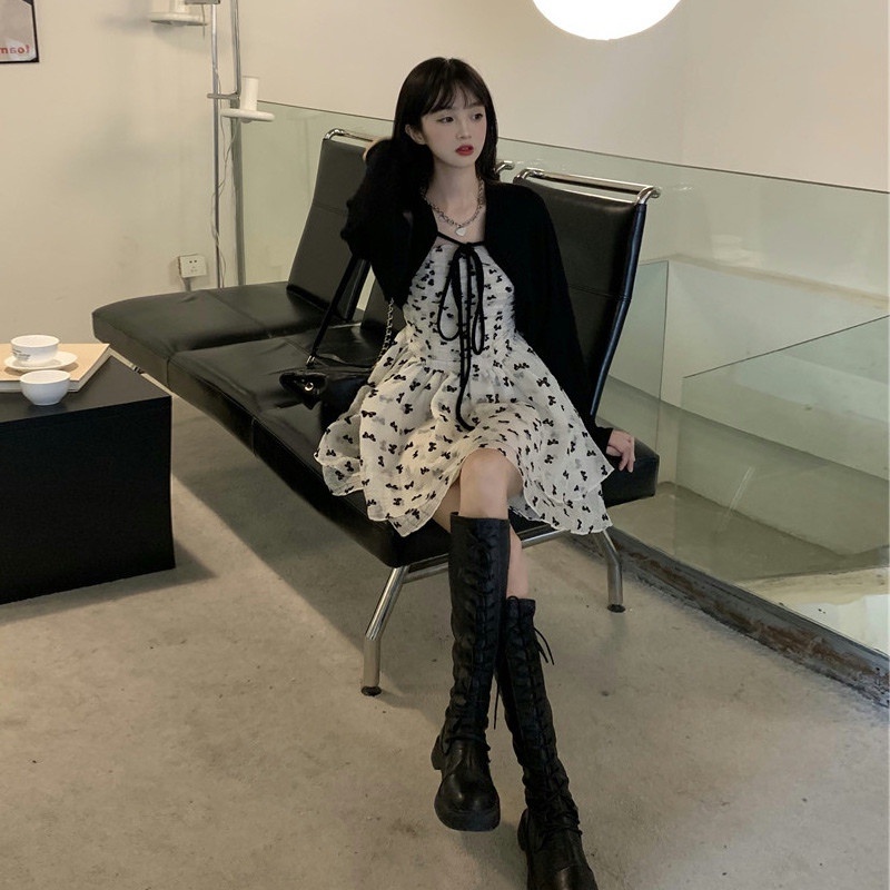 Set áo khoác cardigan + váy hoa nhí
