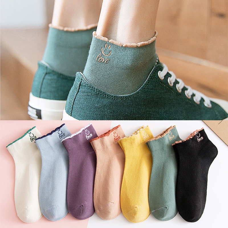 Tất vớ nữ cổ bèo co giãn bốn chiều, cotton dày dặn co giãn họa tiết mặt cười phong cách cute