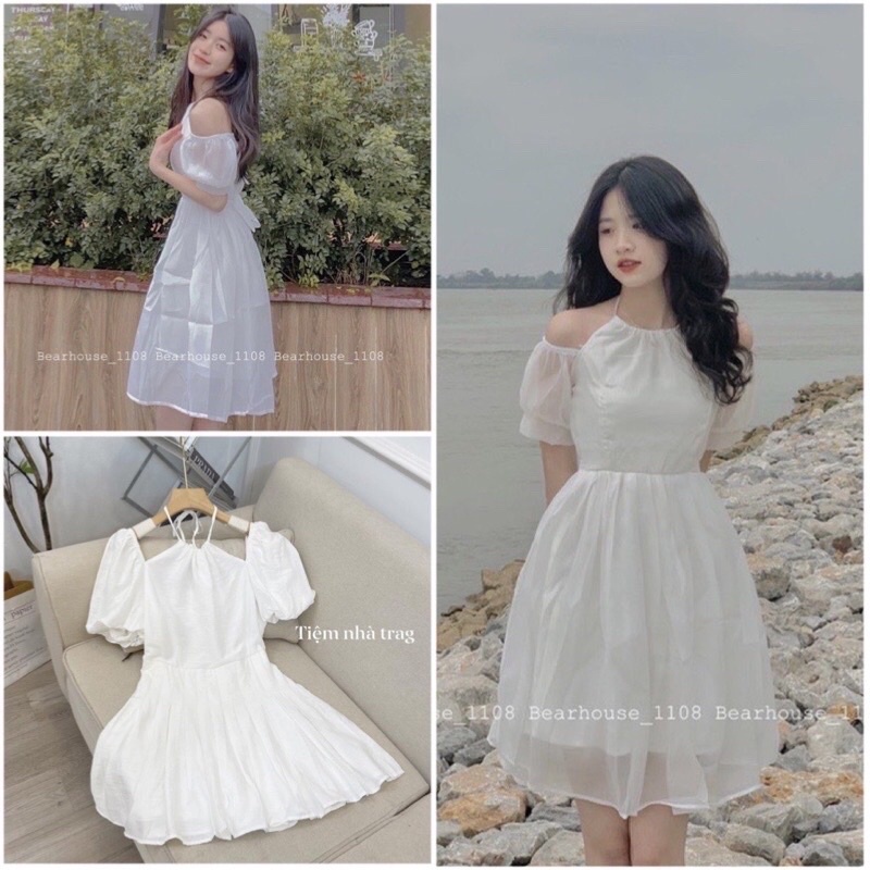 Váy Gấm Xốp Trắng Trễ Vai Phối Bèo 2 Lớp, Đầm Bánh Bèo Tiểu Thư Chụp Ảnh Đi Chơi, Đám Cưới, Dự Tiệc Siêu Xinh