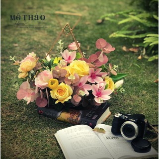 [Ảnh shop chụp] Chậu Hoa Hồng Giả Tone Hồng Vàng Chất Liệu Lụa Cao Cấp Của Mê Thảo Flowe Trang trí Decor Nội