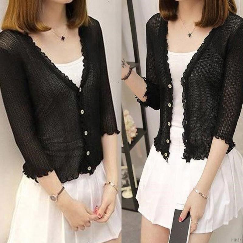 Áo Cardigan Dệt Kim Tay Ngắn Thiết Kế Cổ Chữ V Thanh Lịch